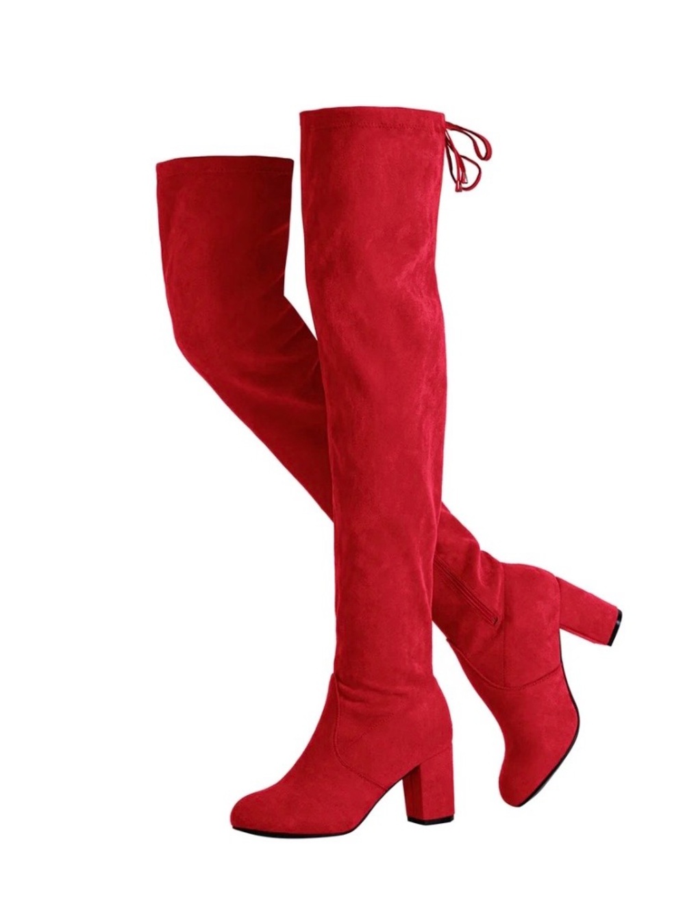 Red Over the Knee Boots Size 8 Block Heel Side Zip Suede Look